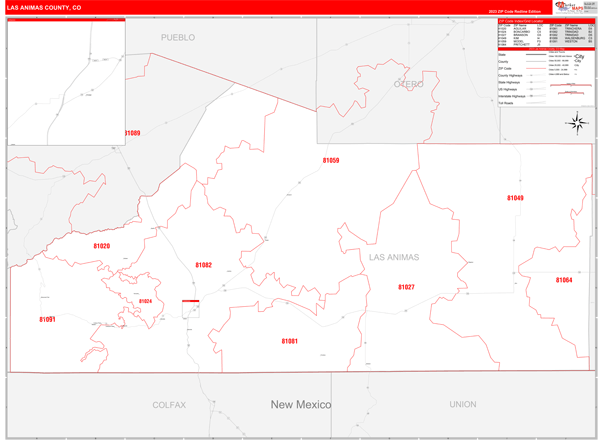 Las Animas County Wall Map Red Line Style